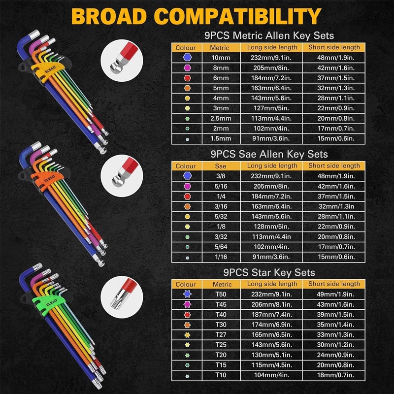 ELEAD Allen-Wrench Hex Torx Key Set: 29-Piece Rainbow Colored Allen Key Set, Long Arm Ball End, Metric SAE Standard Torx Star Wrenches with T-Handle and Extension Bar - Image 2